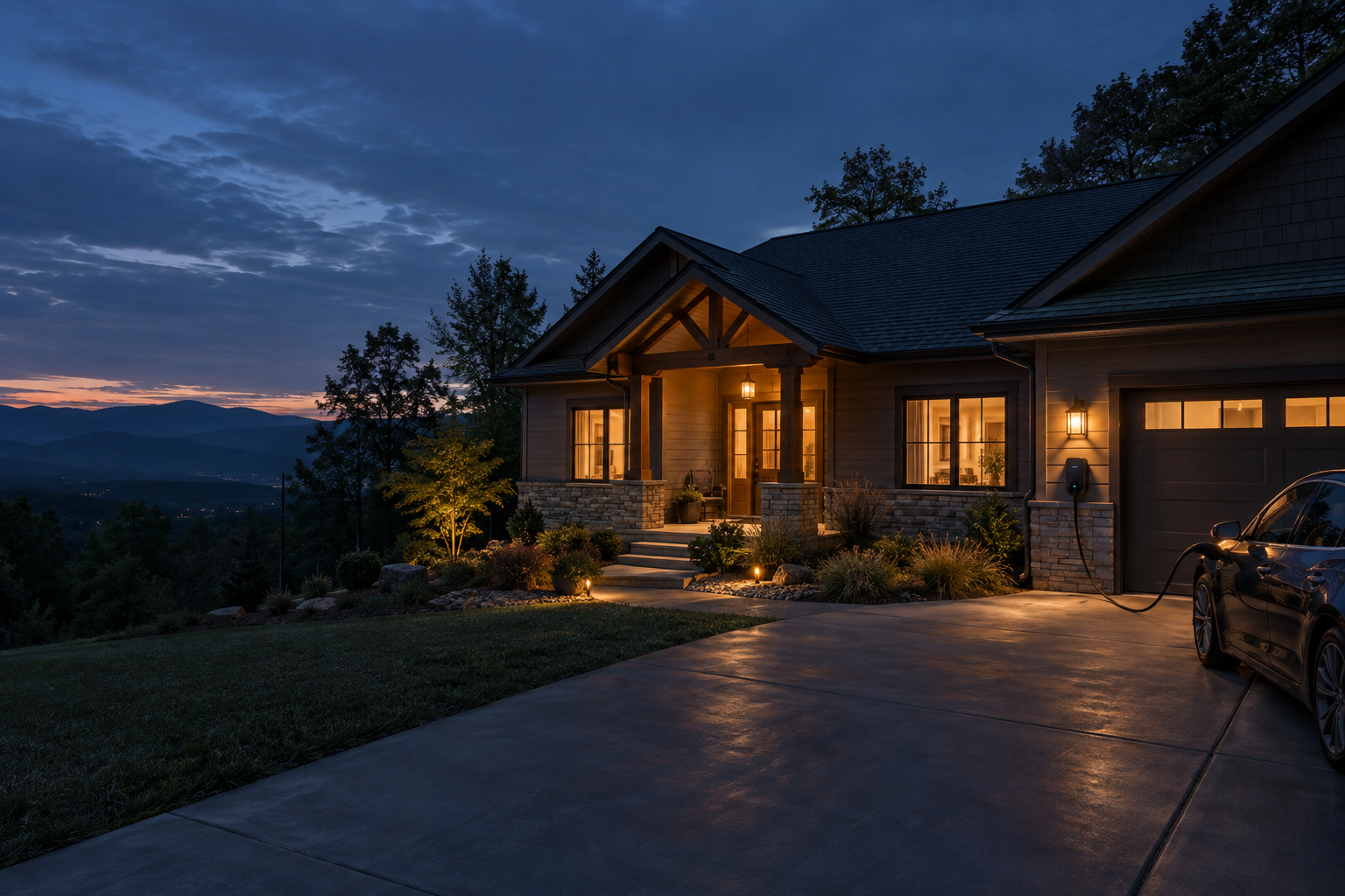A warmly lit home at dusk with an electric vehicle charging beside the garage